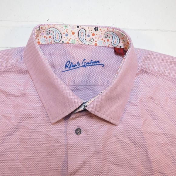 ROBERT GRAHAM DRESS SHIRT Sz Mens 18 Pink Herringbone Paisley Contrast Cuffs - Picture 2 of 3